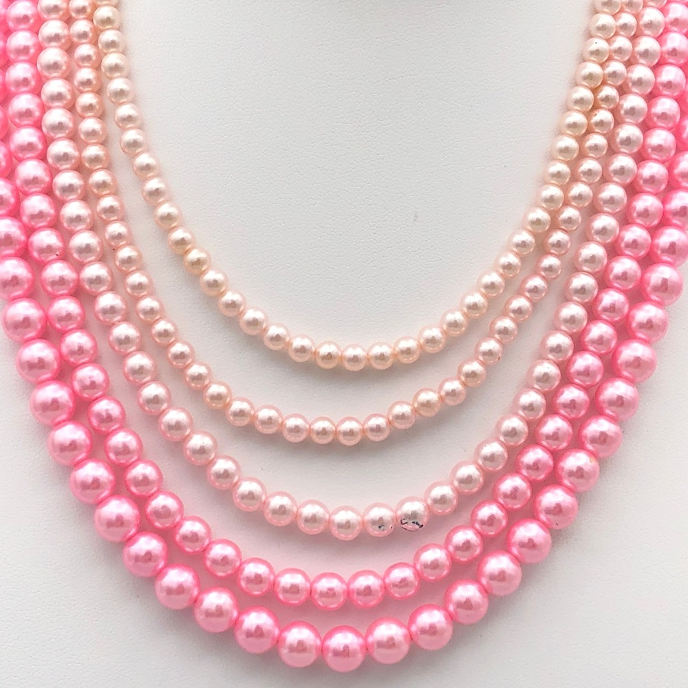 Vintage Multi Strand Pink Faux Pearl Necklace Ombre 5 Strand Germany Statement